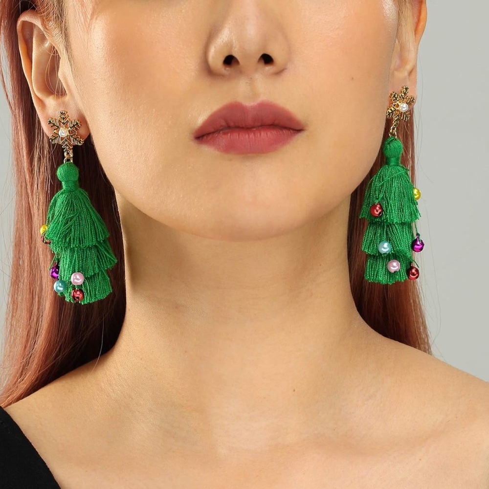 Unbranded Christmas Tree Tassel Beaded Earrings gold green blue red faux pearl - Picture 3 of 13